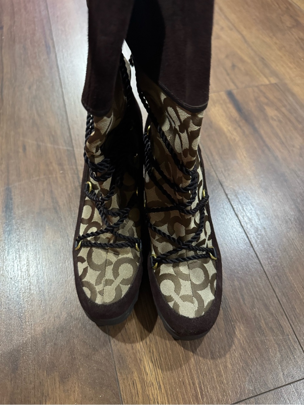 Coach Brown Signature Monogram Platform Lace-Up Boots